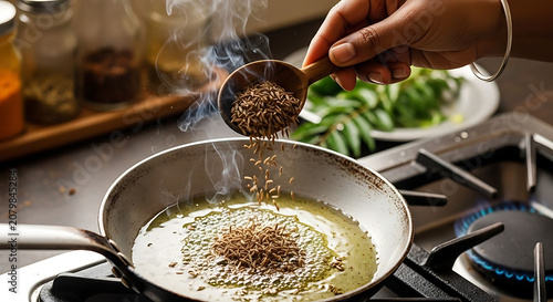 Chef adds toasted cumin seeds into a hot frying pan filled with shimmering oil for seasoning food.