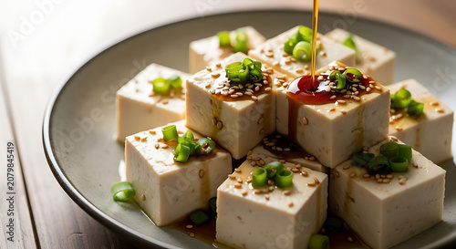 Tofu cubes garnished with fresh green onions and sesame seeds are drizzled with savory soy sauce.