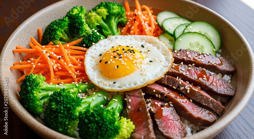 Beef steak rice bowl features fresh broccoli and a perfectly fried egg for a nutritious lunch.