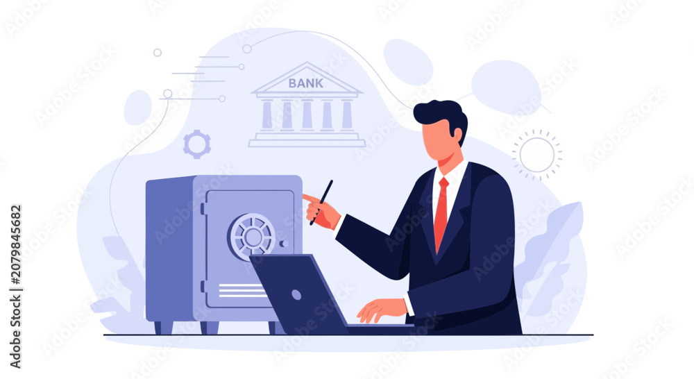 Naklejka premium Man in Suit Interacts with Safe and Laptop, Bank Building Illustration