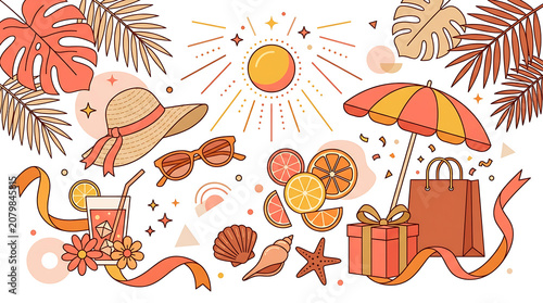 Vibrant summer sale scene with tropical drinks and shells