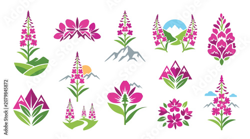Tableau sur toile Collection of stylized illustrations of fireweed flowers and mountain landscapes