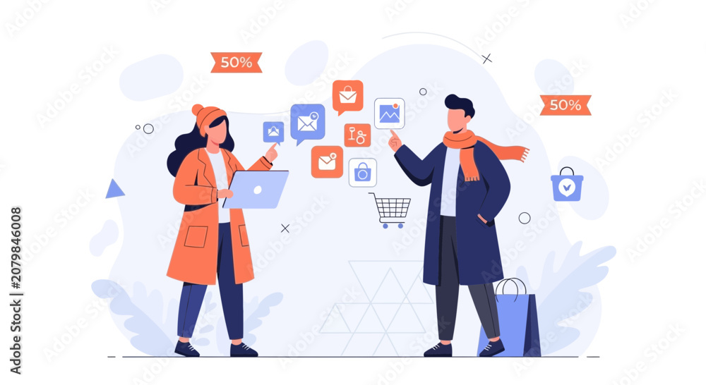 Fototapeta premium Modern Flat Illustration of Couple Shopping Online with Digital Icons and Sale Promotions