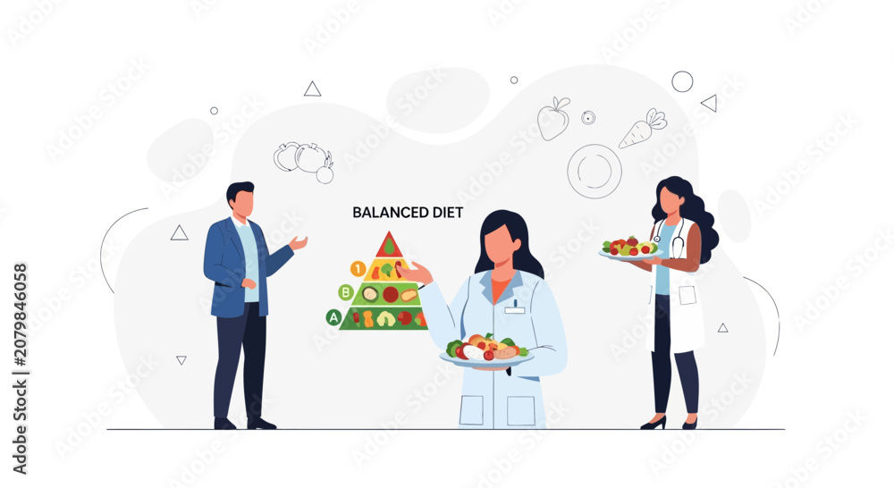 Fototapeta premium Nutritionists Presenting Balanced Diet Pyramid with Healthy Food Options