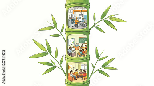 Cartoon Bamboo Tower Showing Factory, Classroom, and Living Room Scenes in Green Illustration