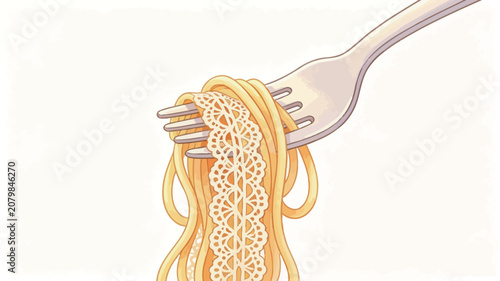 Delicate Spaghetti and Lace Illustration: Artful Pasta and Intricate Fabric Wrapped on a Fork