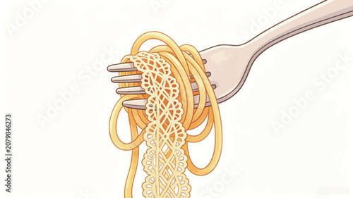 Elegant Illustration of Fork Twirling Spaghetti with Intricate Lace Ribbon