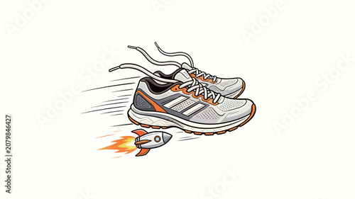 High-speed athletic sneakers with a rocket booster, dynamic motion lines, cartoon vector
