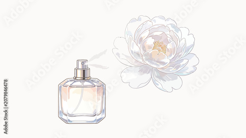Elegant Perfume Bottle Spraying White Peony Bloom in Minimalist Artwork