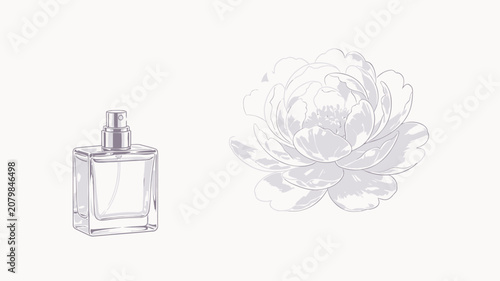 Elegant perfume bottle sprays delicate white flower with iridescent petals against soft luminous