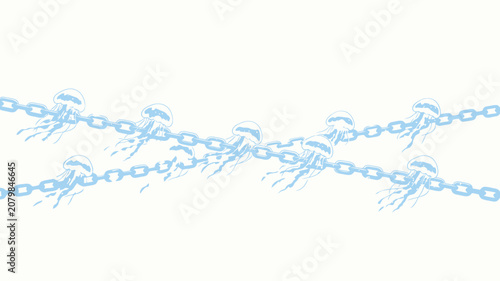 Ethereal Blue Chains with Glowing Jellyfish Floating Against a Soft White Background