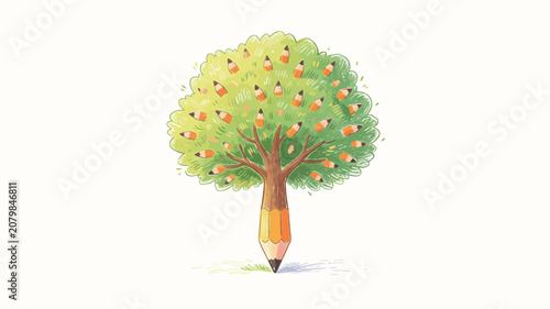 Whimsical Tree Growing from Colored Pencils with Vibrant Green Canopy and Orange Leaves on White