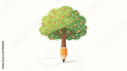 Whimsical Pencil Tree Growing on Paper: A Creative Illustration with Branches of Small Pencils