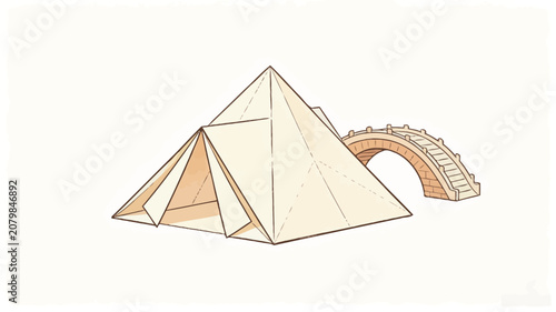 Origami-Inspired Geometric Pyramid and Stone Arch Bridge with Minimalist Pastel Color Palette