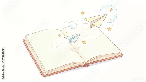 Open Book with Paper Airplanes Taking Flight Amidst Stars and Clouds in Soft Pastel Illustration