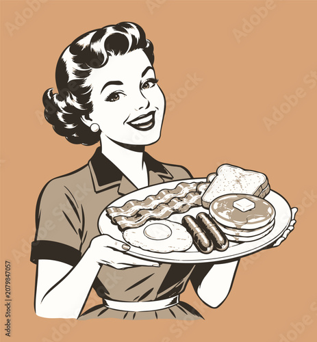Retro Woman Serving Breakfast Vector Illustration