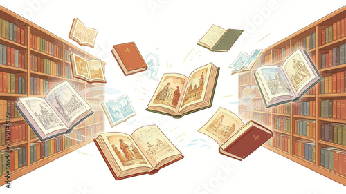 Magical Floating Books in an Ancient Library with Illustrations of Architecture and History