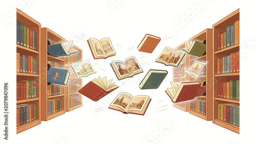 Enchanted Floating Books in a Magical Library Aisle