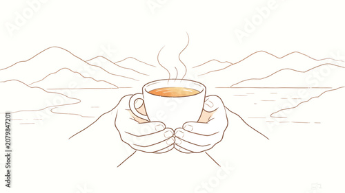 Hands Holding Hot Beverage with Mountain Landscape Line Art Illustration