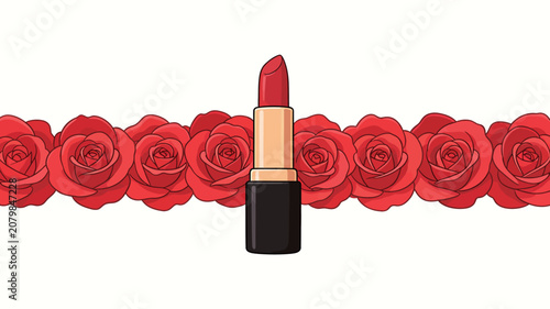 A single bold red lipstick standing proudly in front of a vibrant row of blooming red roses