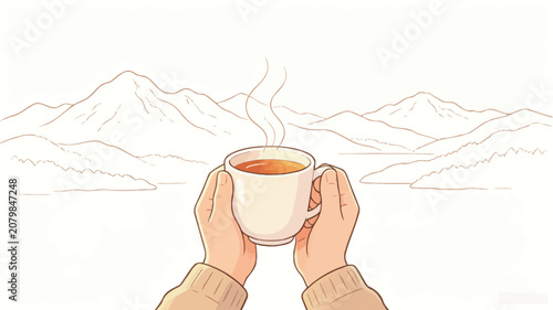 Cozy Winter Scene: Hands Holding Steaming Coffee Cup with Snowy Mountain Landscape Background