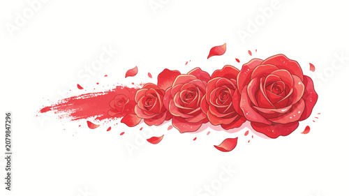 Stylized Red Roses Bursting From Paint Splash on White Background, Romantic Floral Design with
