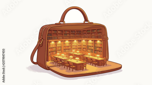 Miniature Library Inside an Open Leather Briefcase: A Whimsical Fantasy Illustration of Warmly Lit