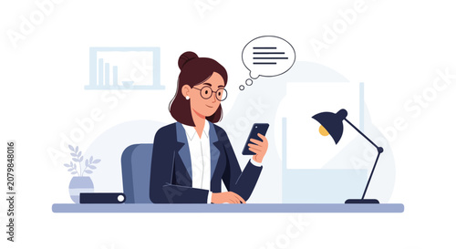 A professional woman in a suit and glasses sits at her desk, focused on her smartphone with a speech bubble indicating active digital communication.