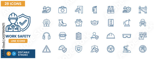 Obraz na plátně Professional work safety line icons set featuring protective gear and hazard war