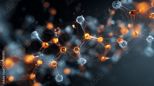 Abstract molecular structure with glowing cosmic elements, futuristic science and technology background featuring interconnected atoms, particles, digital network, quantum physics concept, chemistry r