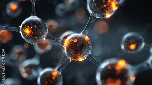 Abstract molecular structure with glowing spheres and metallic rods forming futuristic scientific concept background for chemistry, nanotechnology, molecular biology, quantum physics, atomic research,