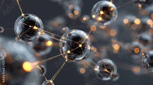 Abstract molecular structure with glowing spheres and metallic rods forming futuristic scientific concept background for chemistry, nanotechnology, molecular biology, quantum physics, atomic research,