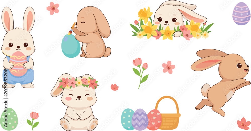 Obraz premium Cute Easter Bunny Vector Character Set with Colorful Patterned Eggs Basket and Spring Flowers for Festive Holiday Greeting Cards and Pattern Designs