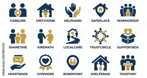 Care and Community Charity Logos Set with People Icons, Shelters, Hands, Hearts, and Supportive Book Symbols