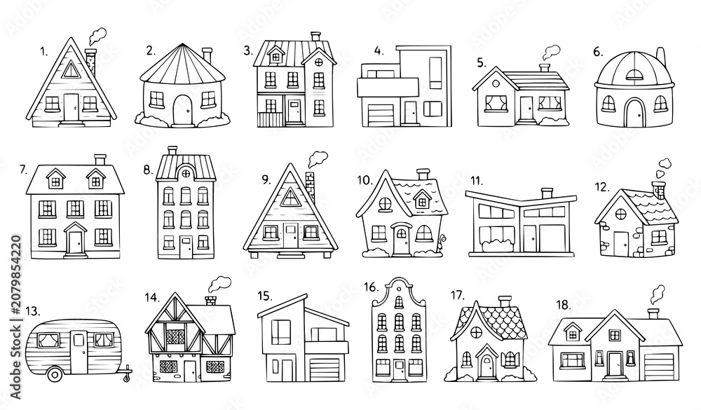 Fototapeta premium Cute Pastel Hand Drawn Houses Vector Set Pink and Green Home Collection Storybook Style Isolated on White Background
