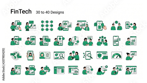 Foto Set of fin tech vector flat illustration icons featuring digital financial conce