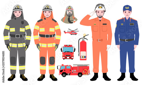 【仕事】消防署員の各制服、消化器、消防車などの素材セット