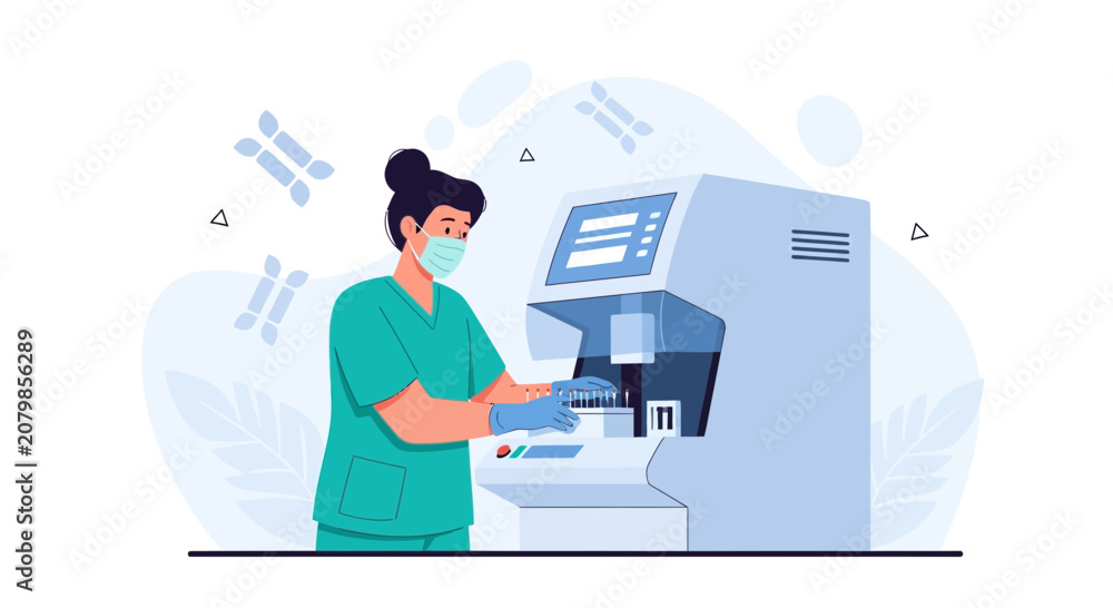 Naklejka premium Scientist in Face Mask Operates Advanced Laboratory Machine for Research and Development
