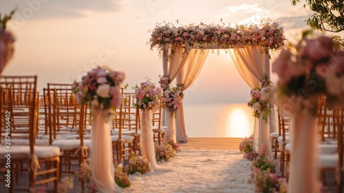 Wedding ceremony arch with flowers at sunset