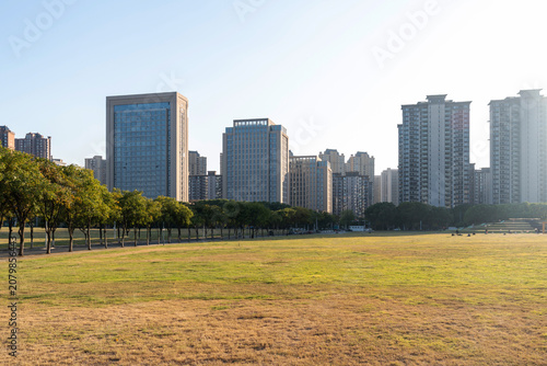 city park with modern building background in shanghai