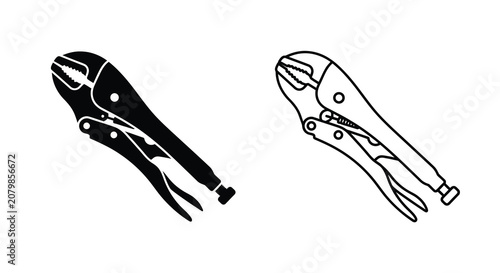 Tableau sur toile Locking pliers tool in black and white silhouette a detailed mechanical instrume