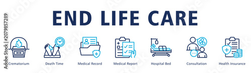 Konstfotografi End Life Care web banner icon vector illustration depicting structured documentation and respectful end of life healthcare services