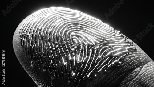 Macro photography of human fingerprint where each ridge is filled with glowing liquid chrome