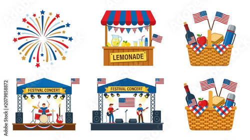 Vibrant patriotic festival scene with fireworks, lemonade stand, food, and stage performances