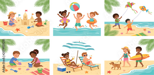 Fotografija Cute kids summer beach cards set with children flying kites sunbathing and build