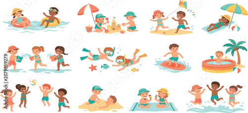 Photography Cute kids summer beach vector elements set with children swimming playing sandca