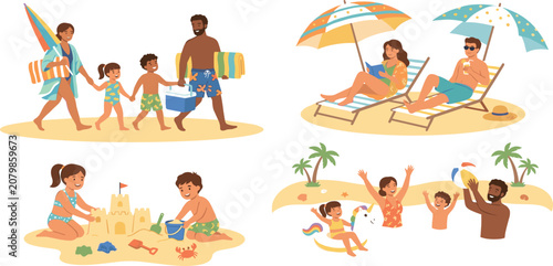 Photos Happy family summer beach vacation vector scenes with people swimming sunbathing