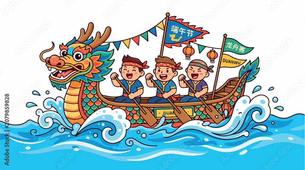 Naklejka premium Playful dragon boat race on bright blue waves as children row together in a colorful celebration of teamwork
