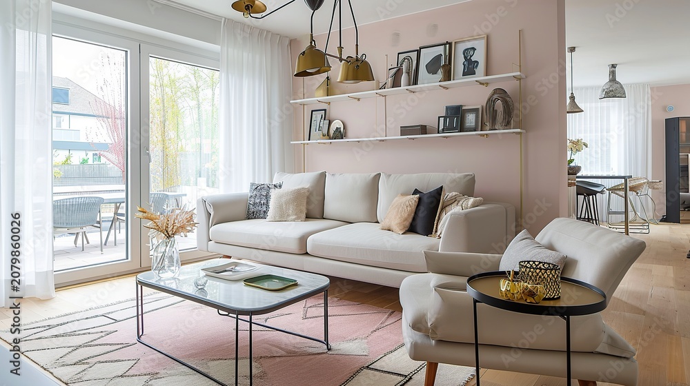 Fototapeta premium Bright, Neutral-Toned Contemporary Living Room Featuring Large Windows, Cozy Seating, and Shelving Display