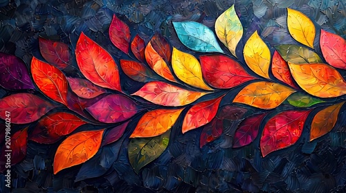 A vibrant abstract painting features a swirling branch of colorful autumn leaves in shades of red, orange, yellow, and blue against a textured dark background.